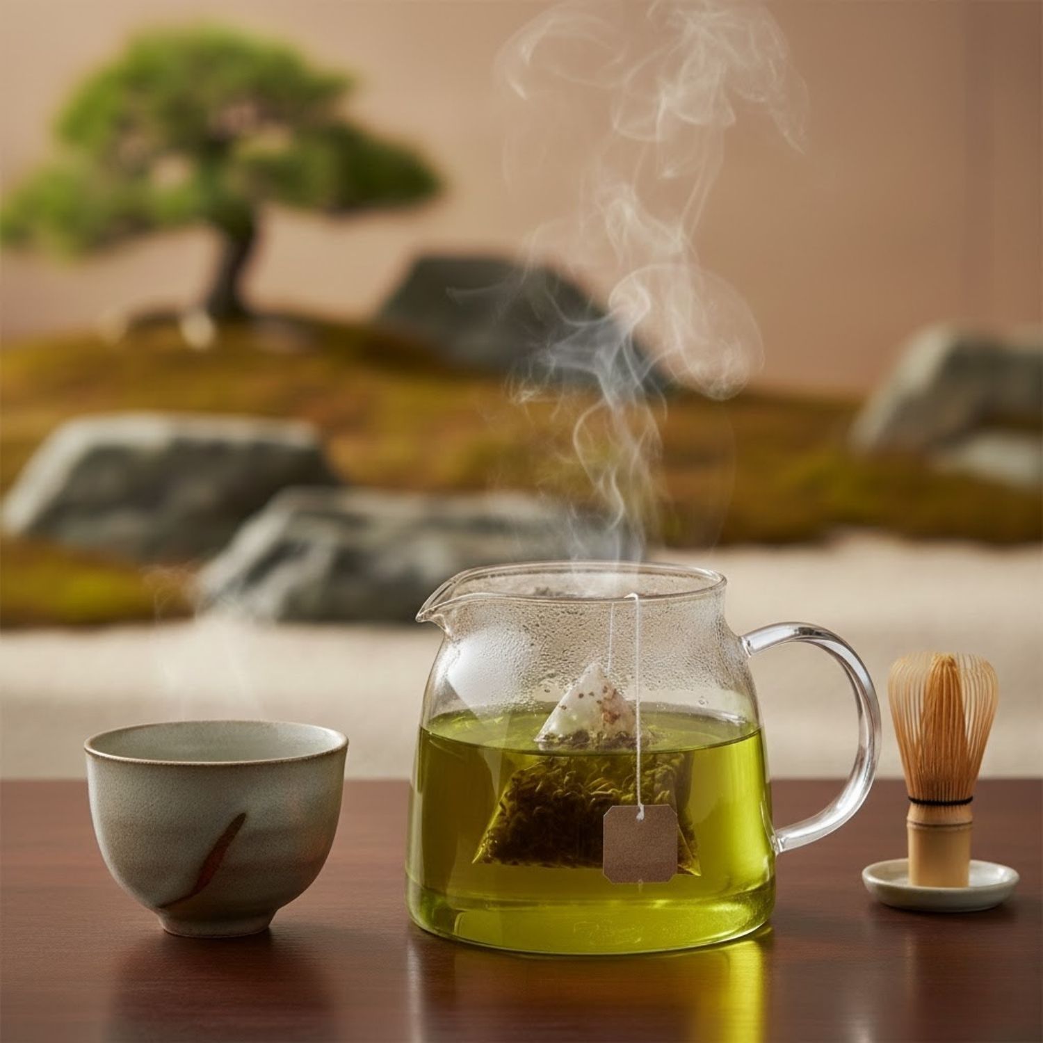 玻璃茶壺裡泡著綠茶，桌上放著茶杯和茶筅，背景是花園。