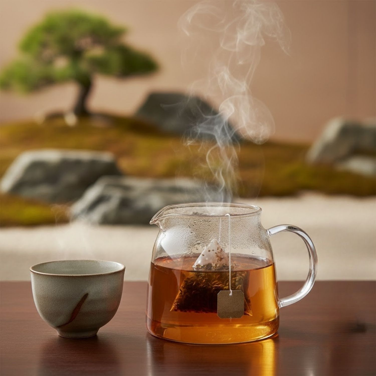 玻璃壺中泡著茶，旁邊放著茶杯，蒸氣裊裊升起；背景是禪意花園中的盆景樹。
