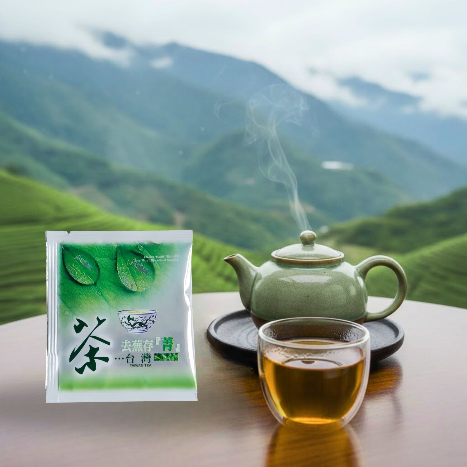 茶包、茶壺和茶杯放在桌上，背景是山景。