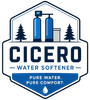 Cicero Water Softener Logo with Hexagon Badge Emblem, Water Softener System, Tree Icons, Droplet Graphic, Tagline, and Company Name in Cicero, IL