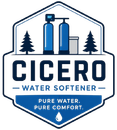 Cicero Water Softener Logo with Hexagon Badge Emblem, Water Softener System, Tree Icons, Droplet Graphic, Tagline, and Company Name in Cicero, IL