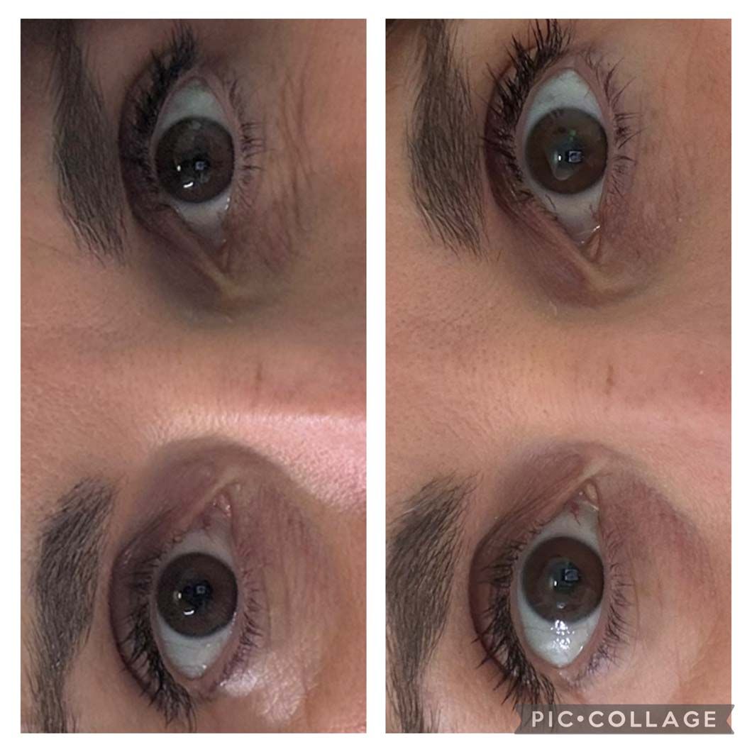 Four close-up views of an eye, each looking in a slightly different direction. Brown eyes, with visible eyelashes and eyebrows.