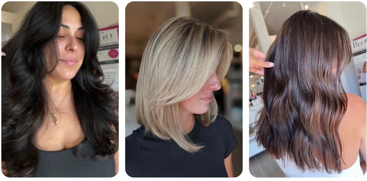 Three women with layered haircuts. One has black hair, one blonde, and one brown.