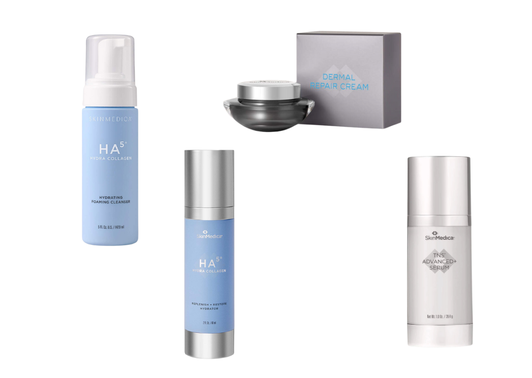 Skincare products: blue HA+ serum, cream jar, and white bottles on a white background.