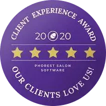 Purple circle: "Client Experience Award 2020," five gold stars, "Our Clients Love Us!" by Phorest Salon Software.