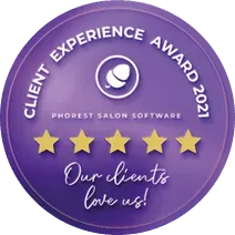 Purple award badge with five gold stars and text "Client Experience Award 2021" and "Our clients love us!".