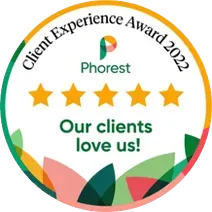 Phorest Client Experience Award 2022. Round badge with 5 stars, logo, and text "Our clients love us!"
