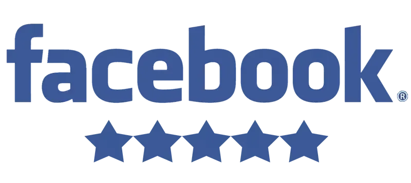 Facebook logo with five blue stars below.