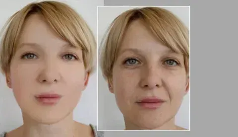 Two side-by-side portraits: one smooth-faced; the other with wrinkles. Blonde hair, same person.