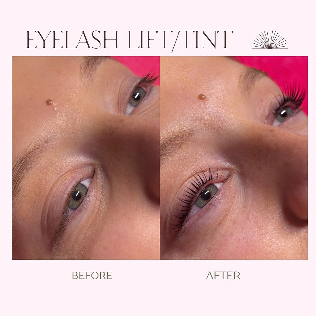 Before/after view of eyelash lift/tint: Eyes with noticeably lifted, darker lashes after treatment.