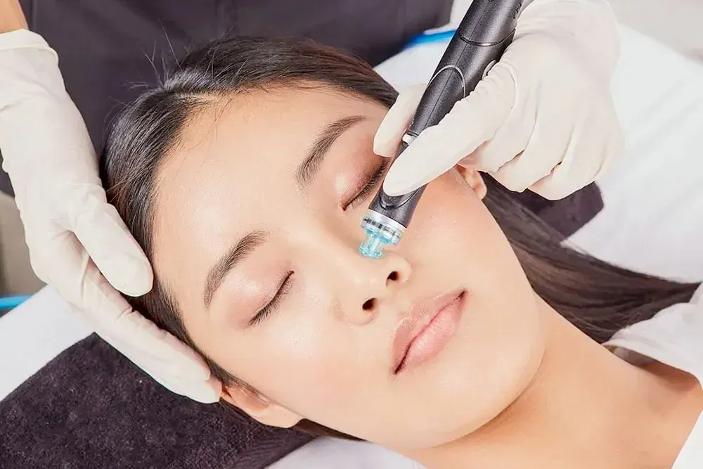 Woman receiving a facial treatment with a handheld device. Skin is being treated around the nose and forehead.