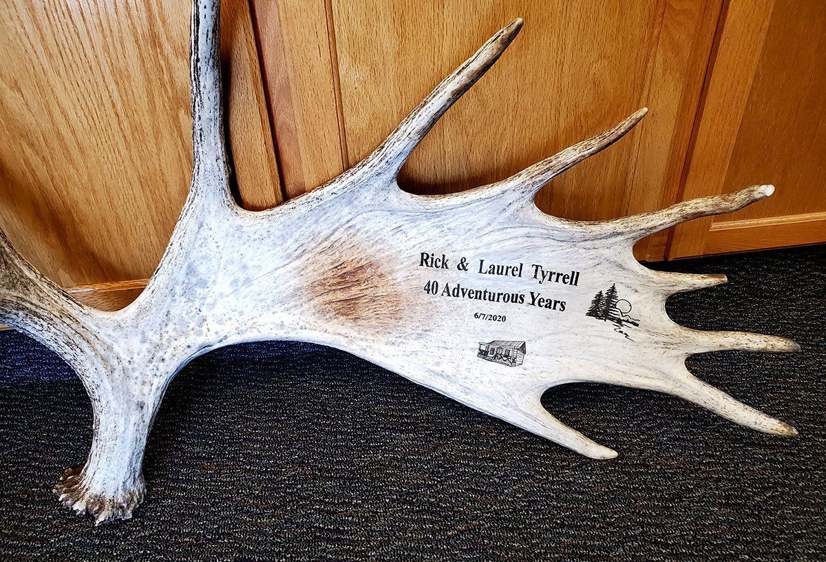 A moose antlers sitting on a carpet next to a wooden cabinet.