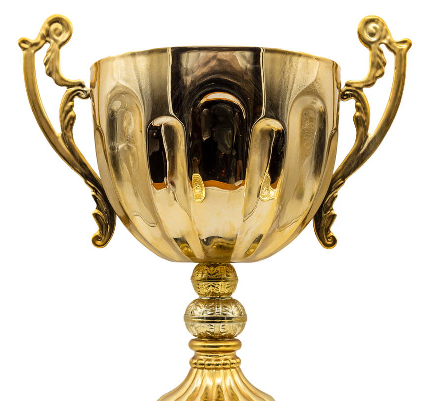 A gold trophy with two handles on a white background