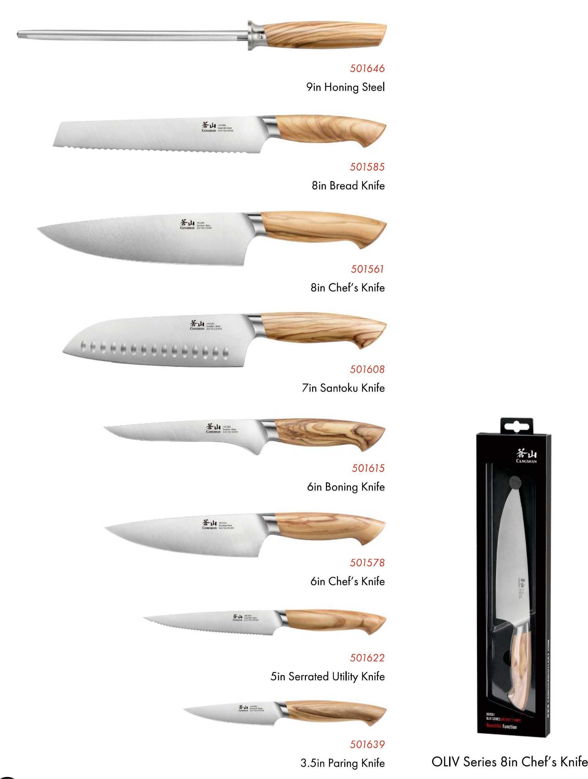 A set of knives with wooden handles and a sharpener