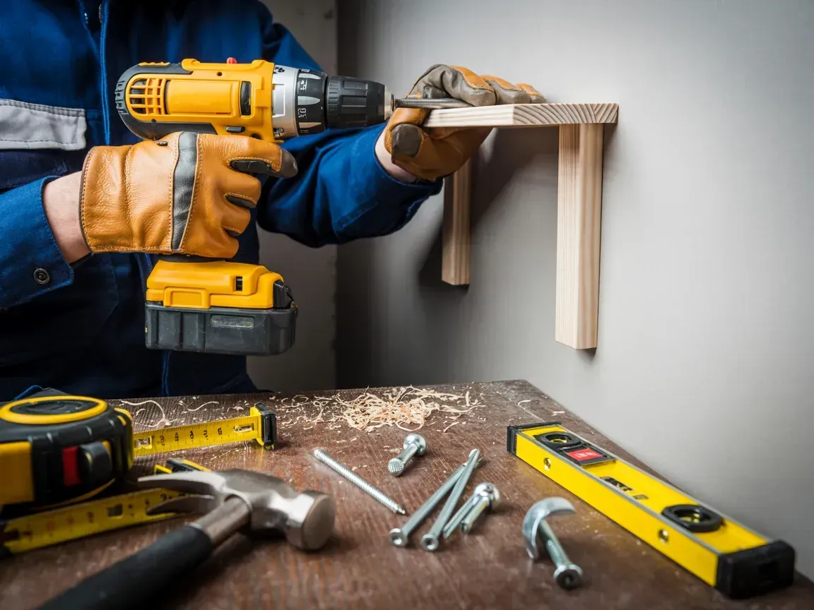 Person using a power drill to install a shelf on a wall. Tools are on the table.