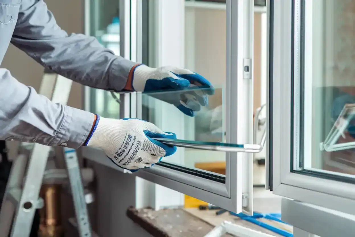 Person in gloves installing window glass in a white frame, with a ladder in the background.