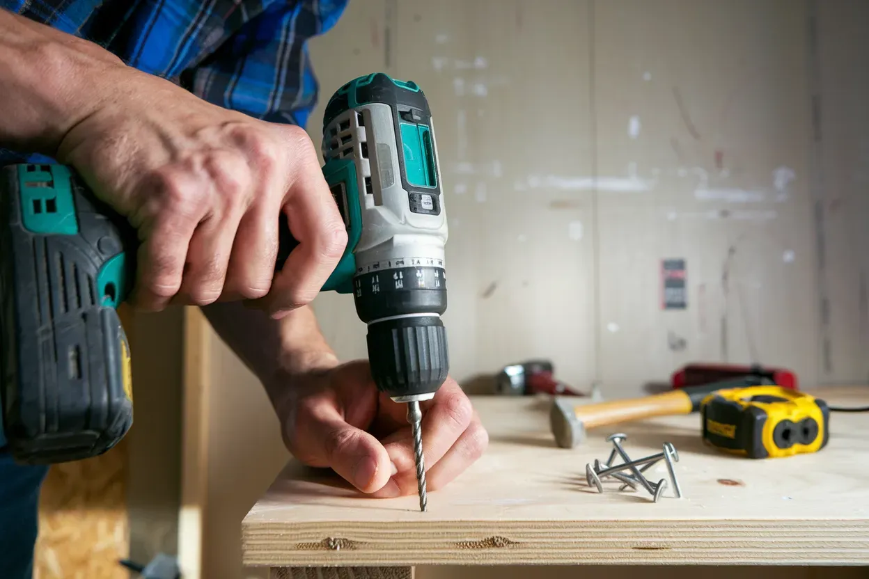 Person using a cordless drill to screw into a wooden surface; tools on a workbench.