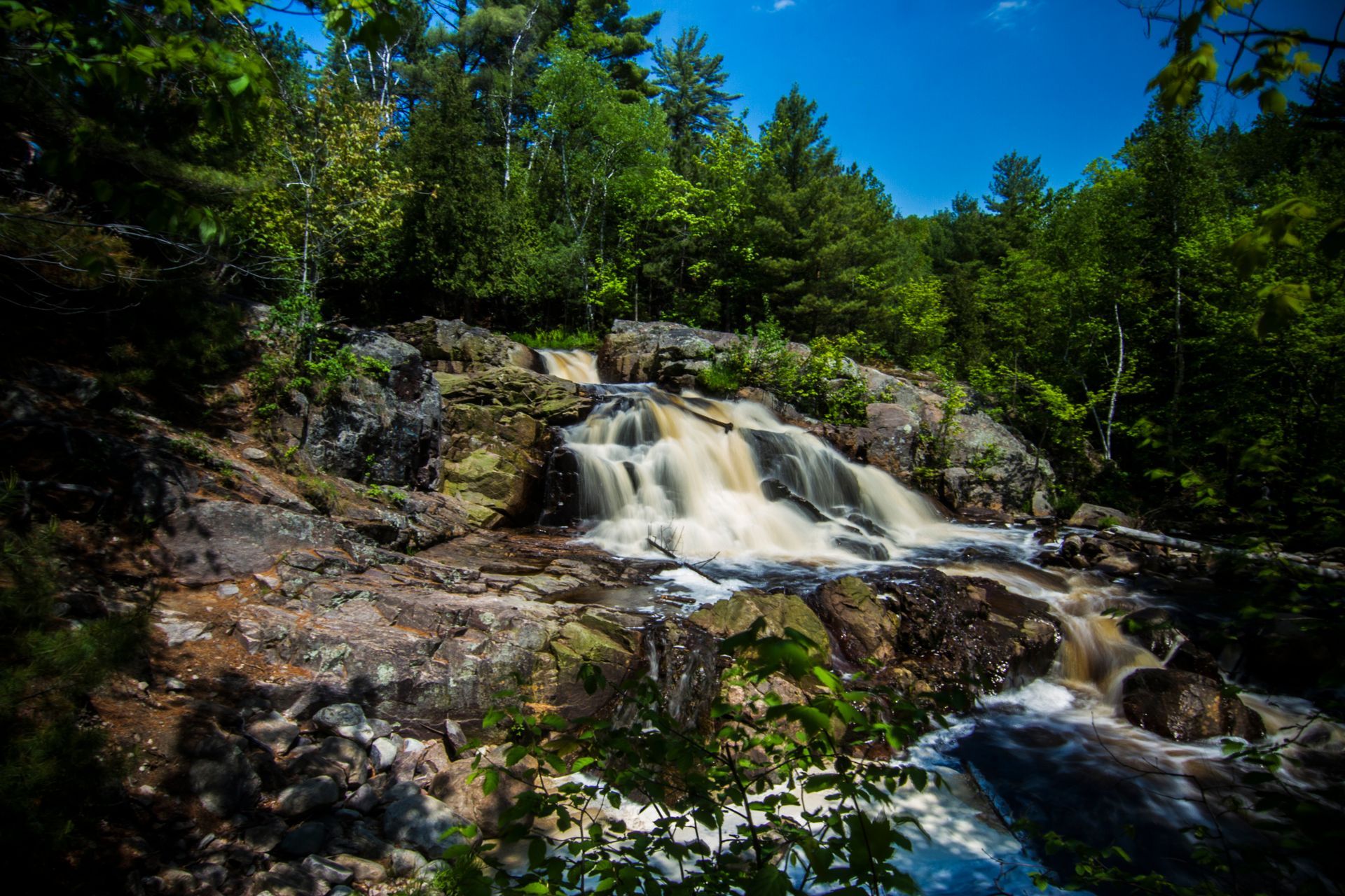 A waterfall is surrounded by trees and rocks in the middle of a forest.
