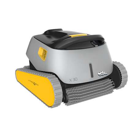 A Gray and Yellow Robotic Swimming Pool Cleaner on A White Background — Poolside Noosa in Noosaville, QLD