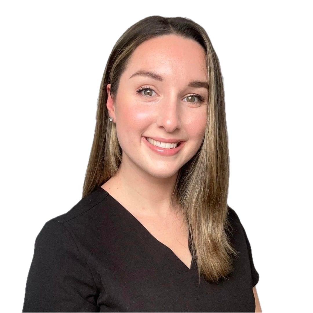 Woman with long, light brown hair smiles, wearing a black v-neck shirt, against a white background.