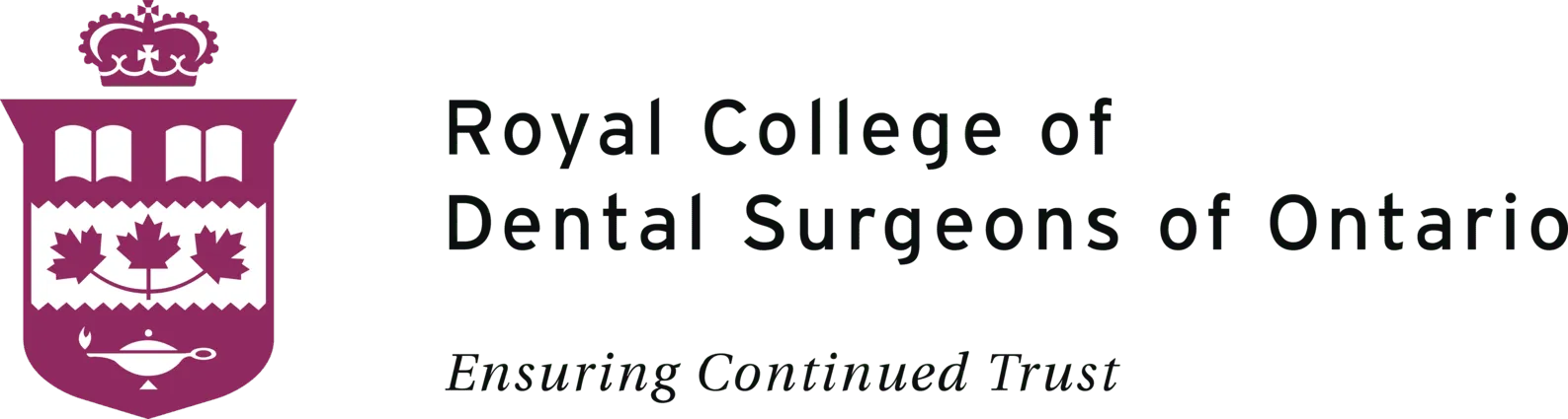 Logo for the Royal College of Dental Surgeons of Ontario. Burgundy shield with crown, maple leaves, and text.