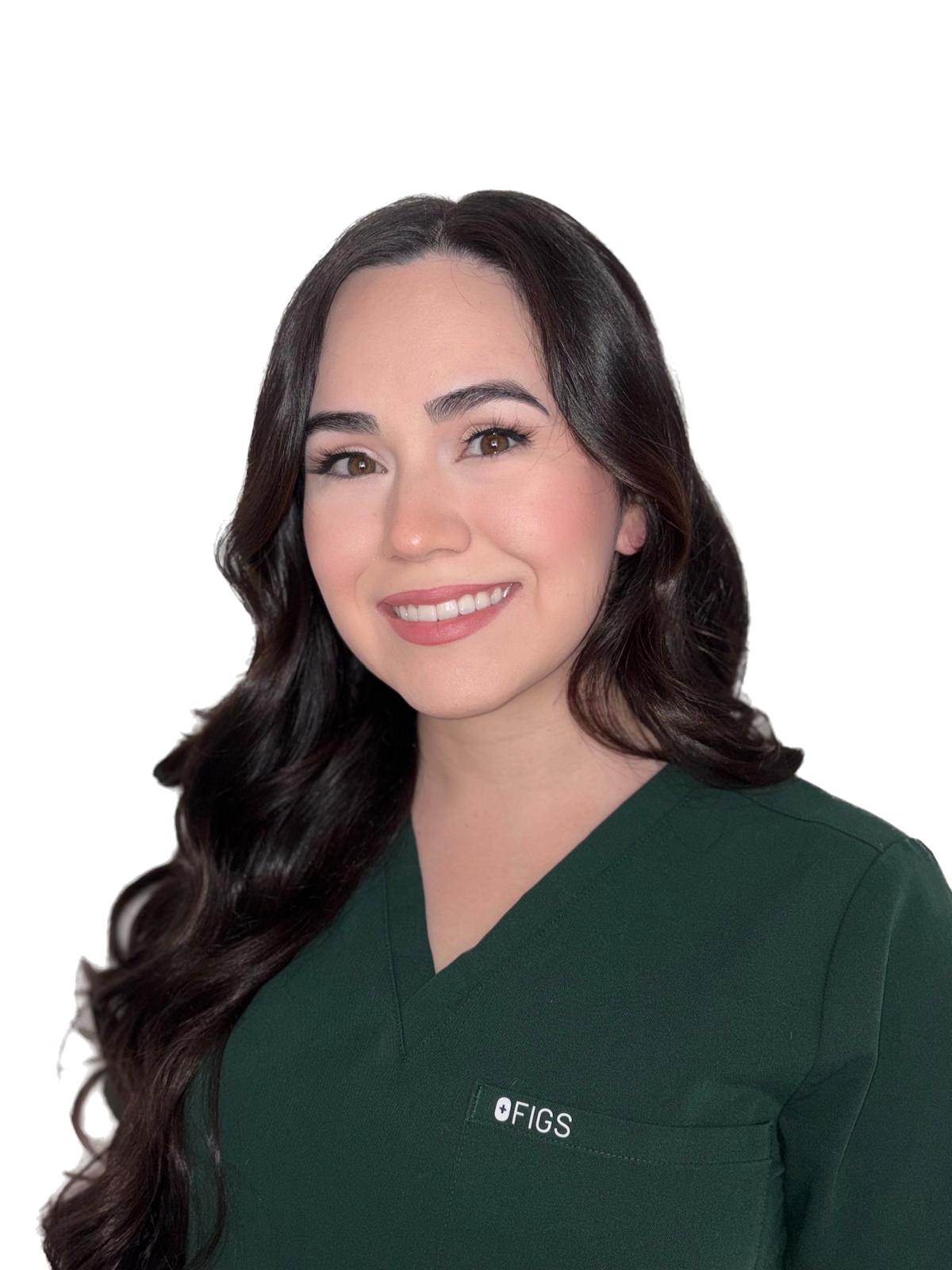 Woman wearing glasses and black scrubs smiles.