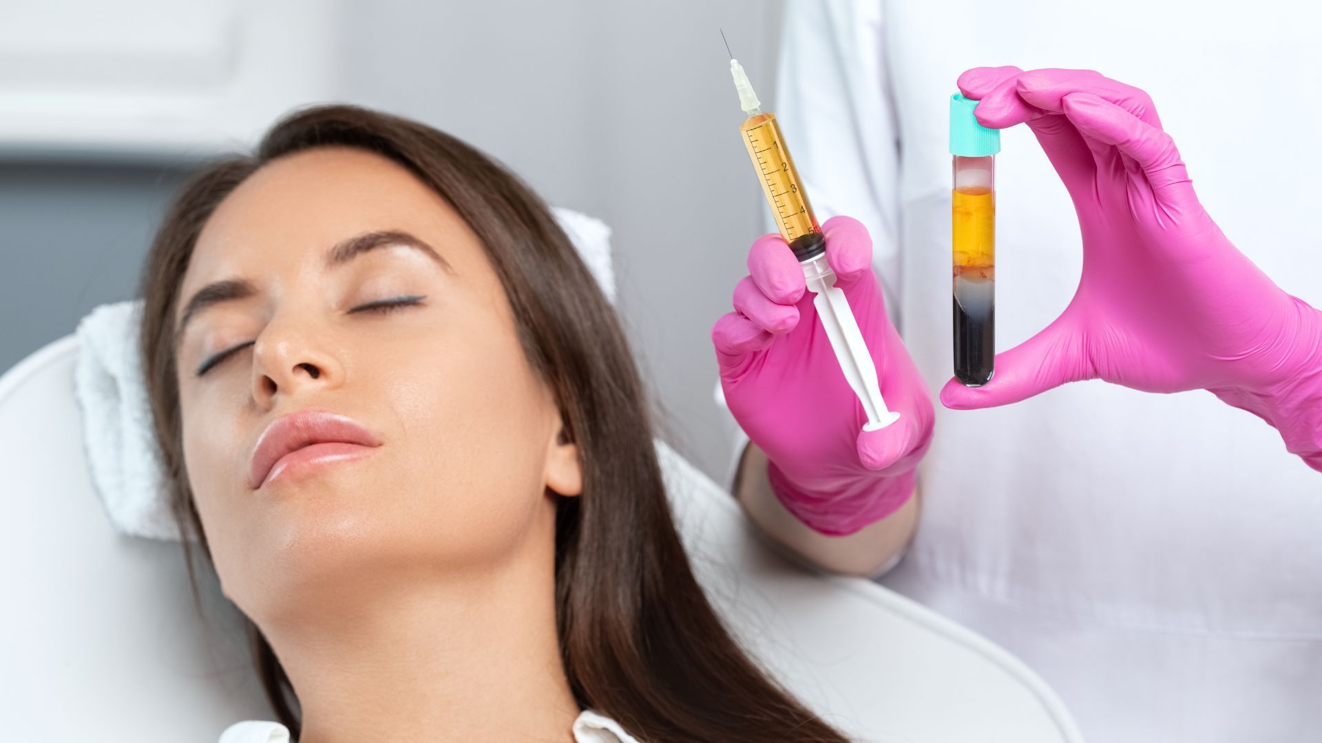 A woman is getting an injection in her face while a doctor holds a syringe and a test tube.