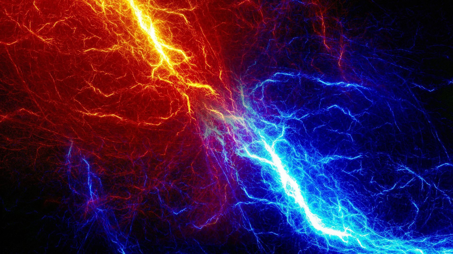 A red and blue lightning bolt on a black background.