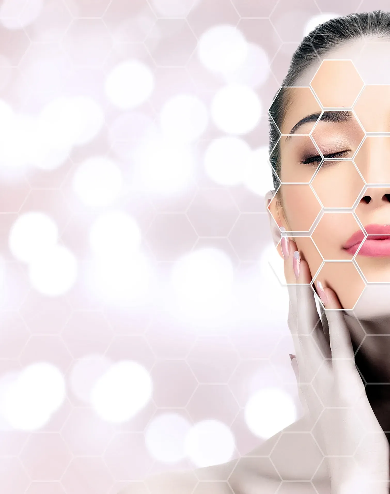 A close up of a woman 's face with a honeycomb pattern on it.