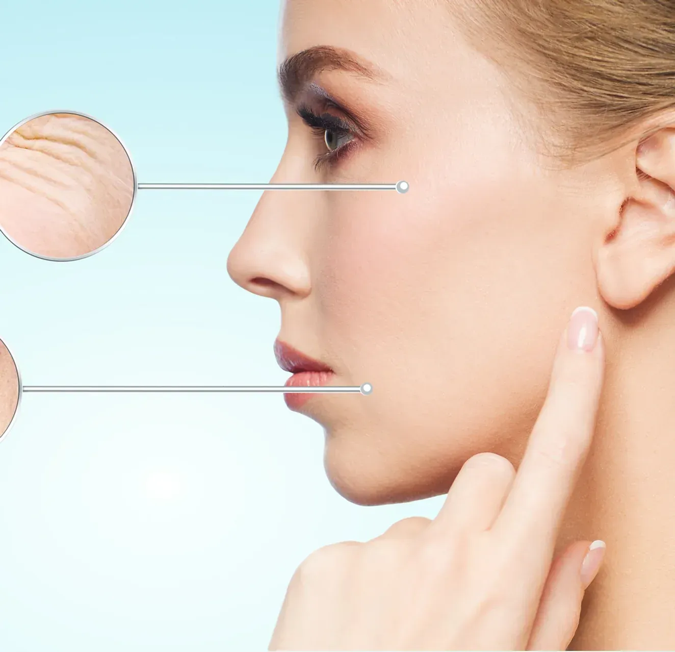 A close up of a woman 's face with her finger on her chin