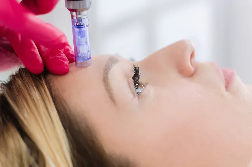 A woman is getting a microneedle treatment on her forehead.