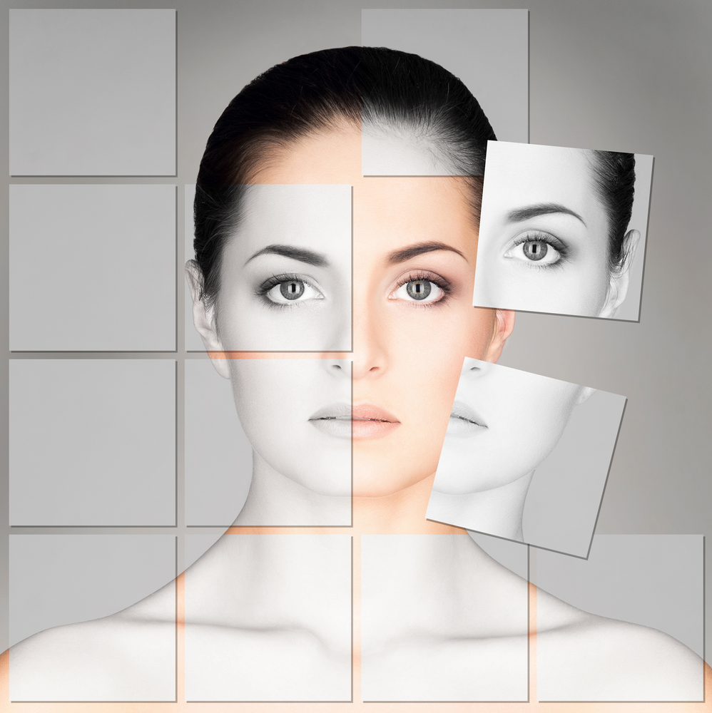 A woman 's face is divided into squares and each square shows a different part of her face