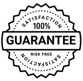 A black and white guarantee seal that says `` satisfaction 100 % guarantee risk free ''.