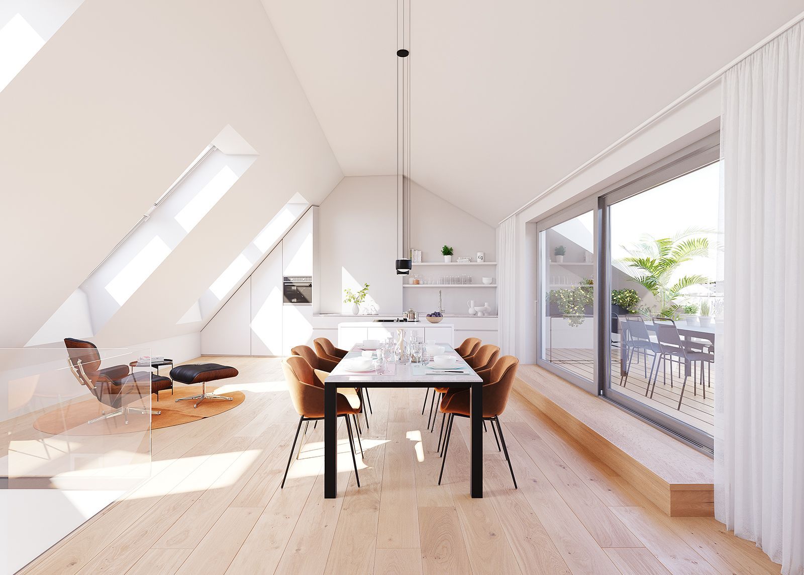 Moderne Küche eines Penthouse. In der Mitte des Raumes stehen ein Esstisch und Stühle.
