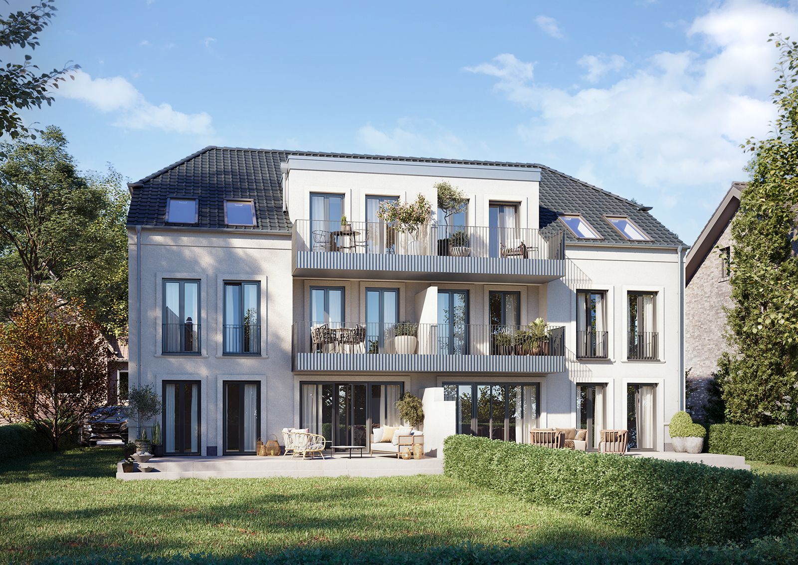 3D Architektur Visualisierung eines Mehrfamilienhaus mit Penthousewohnung.