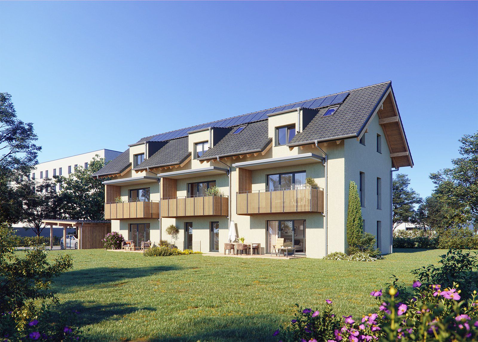 3D Architekturvisualisierung: Mehrfamilienhauses mit Solarpanel, umgeben von Rasen.