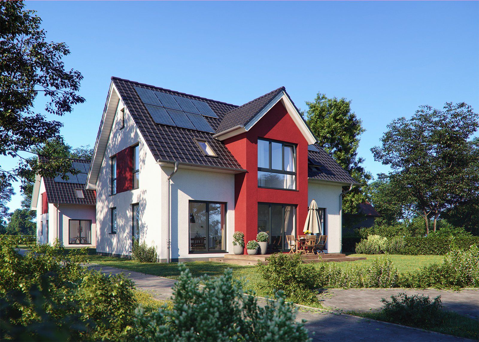 Einfamilienhaus als 3D Architekturvisualisierung  mit Solaranlage auf dem Dach.