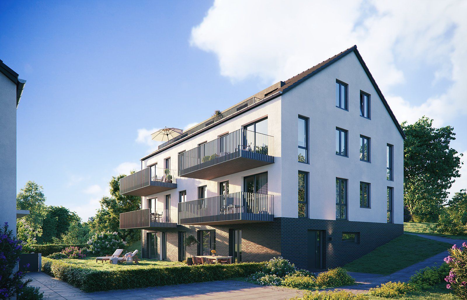 Abendstimmung Architekturvisualisierung eines Mehrfamilienhauses