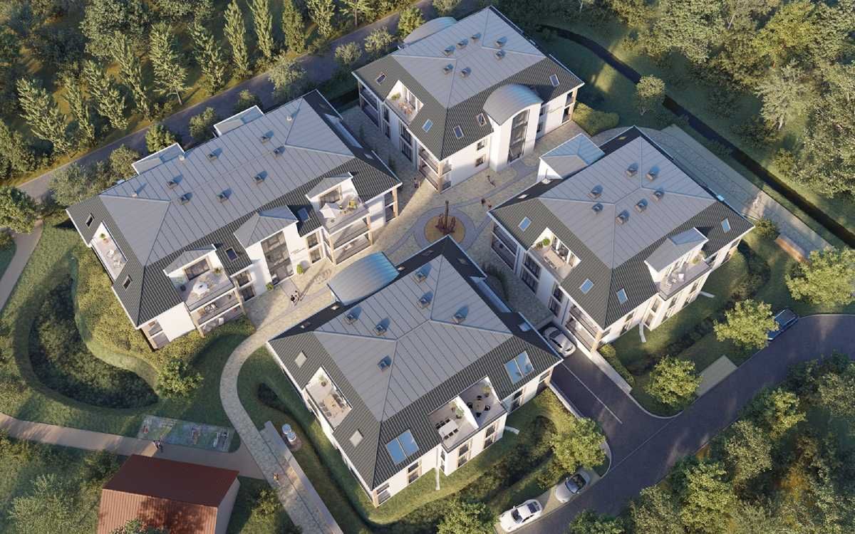 3D Architekturvisualisierung aus der Vogelperspektive eines Bauprojektes.