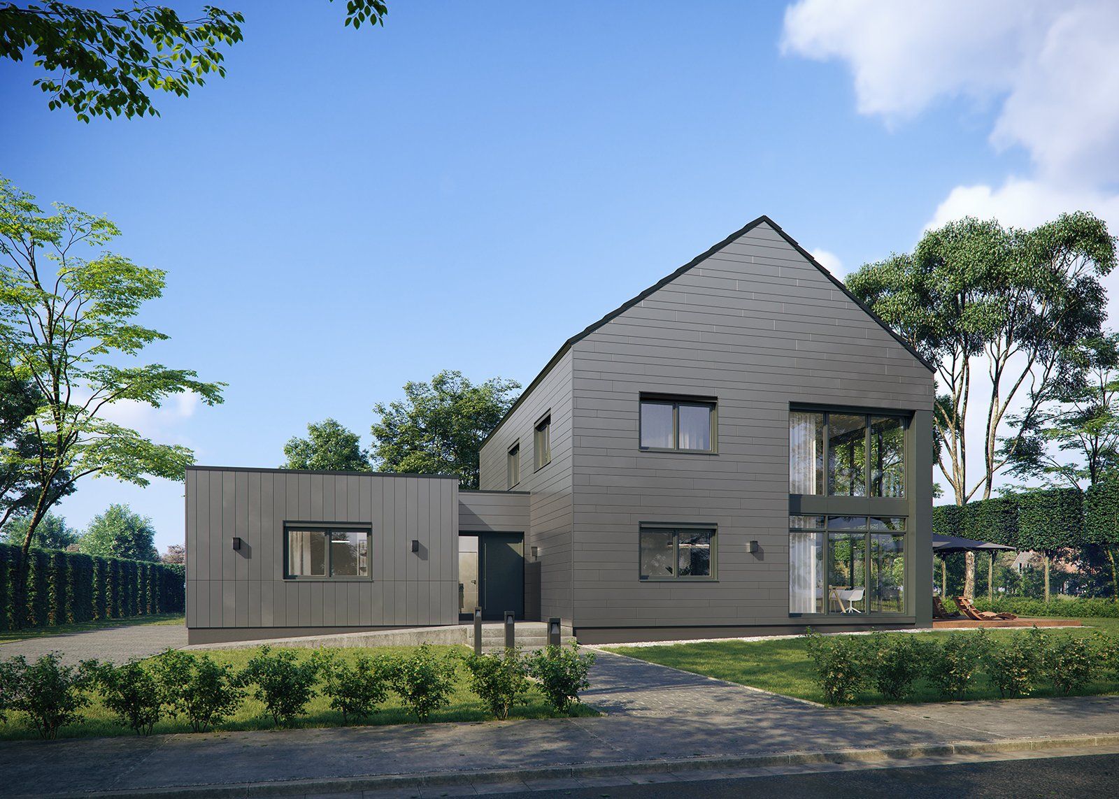 Architekturvisualisierung eines Einfamilienhaus mit Garage, von build visualisiert.