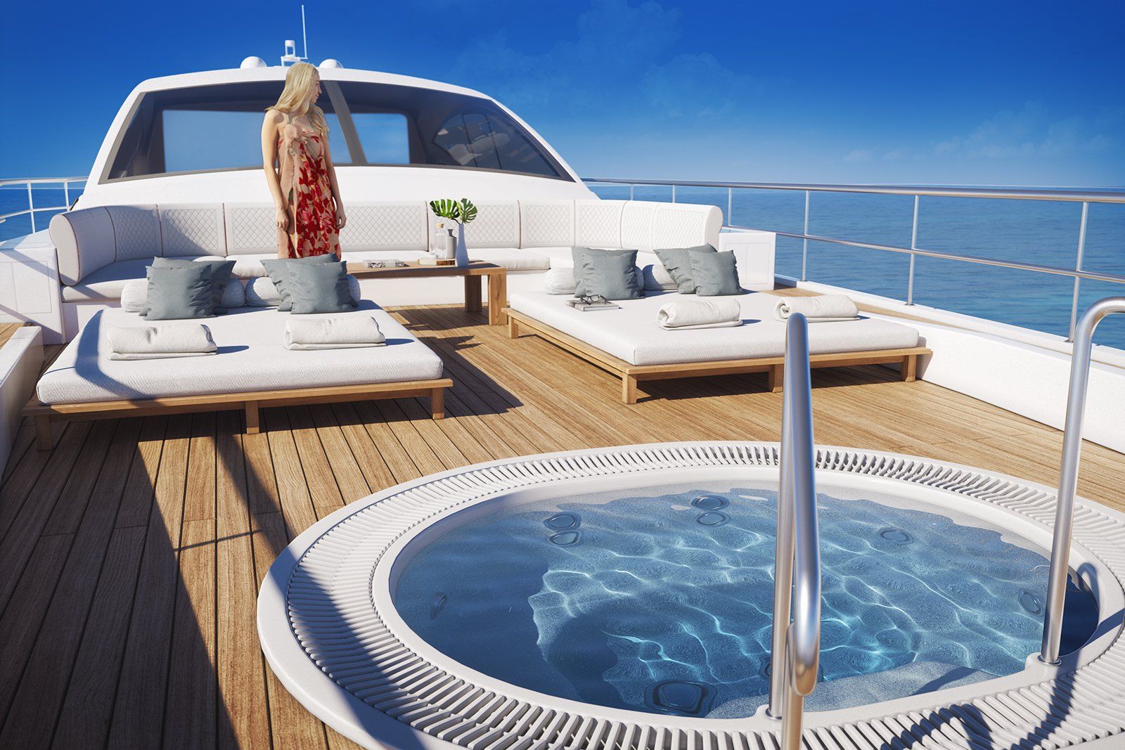 An Deck einer 3D visualisierten Luxusyacht von build.