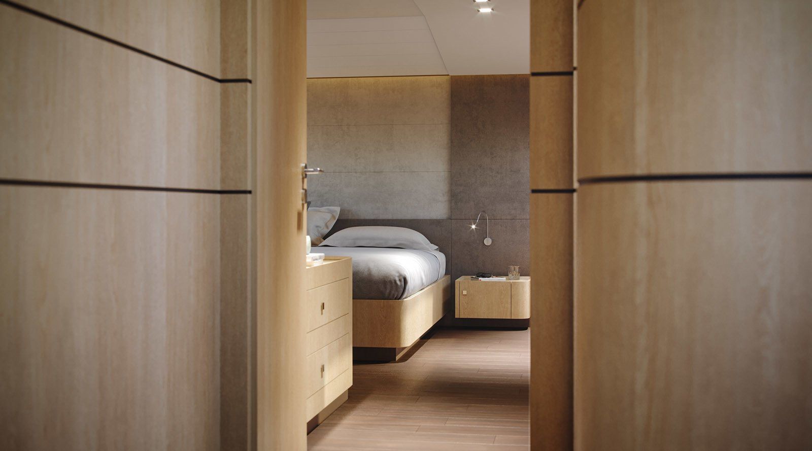 High End 3D Visualisierung: Schlafbereich der Luxusyacht.