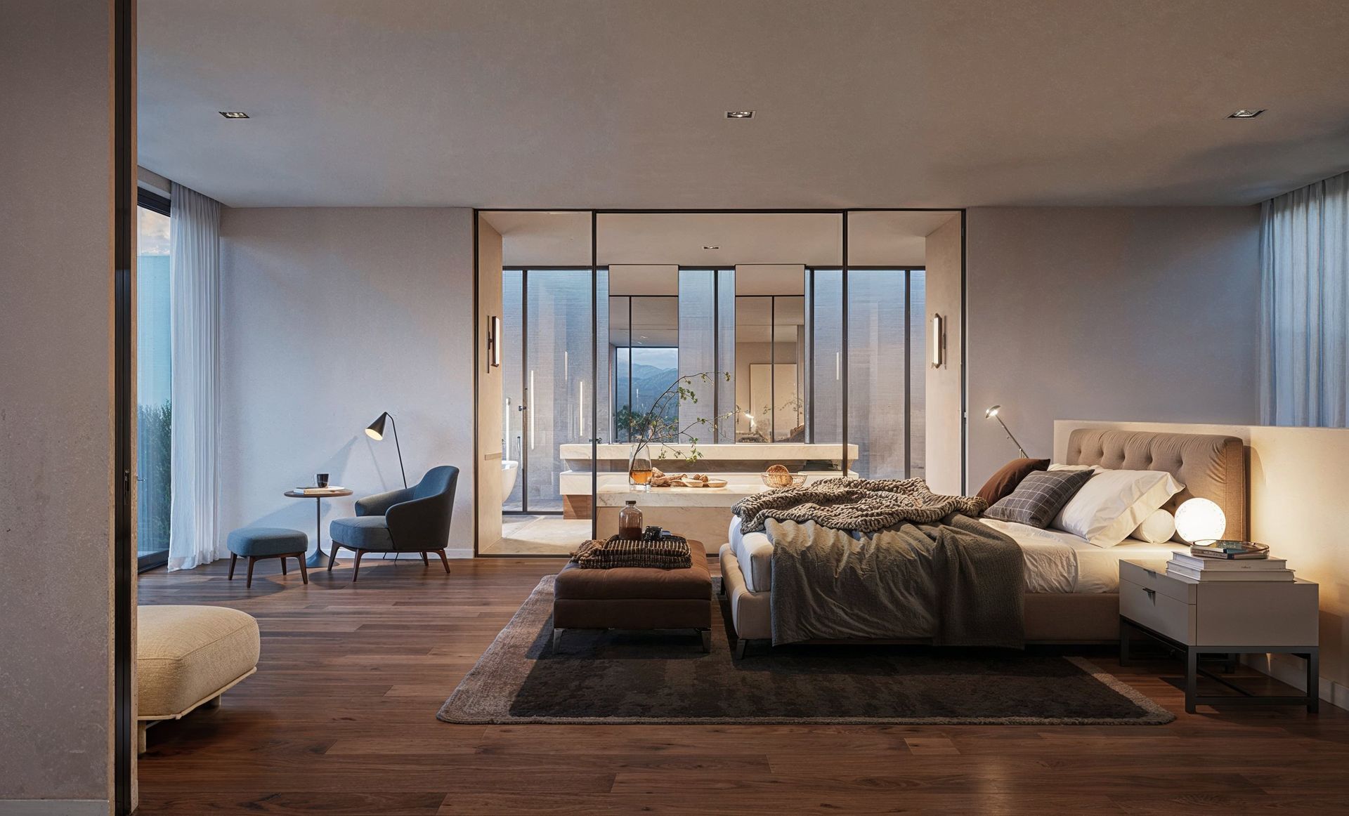 Hochwertige 3D Visualisierung eines Schlafzimmers in einer Wohnung an der Küste