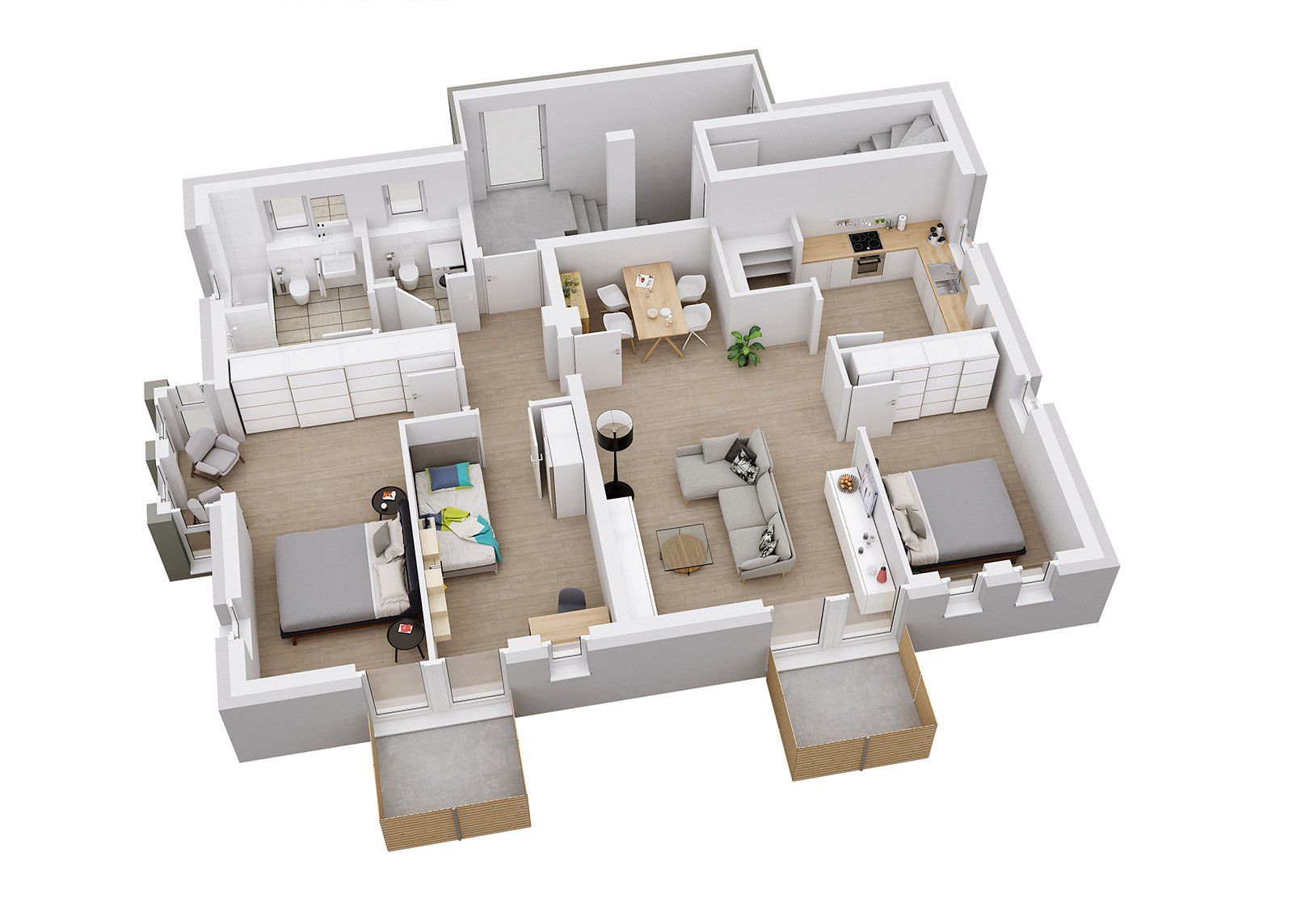 3D Grundriss einer Wohnung.