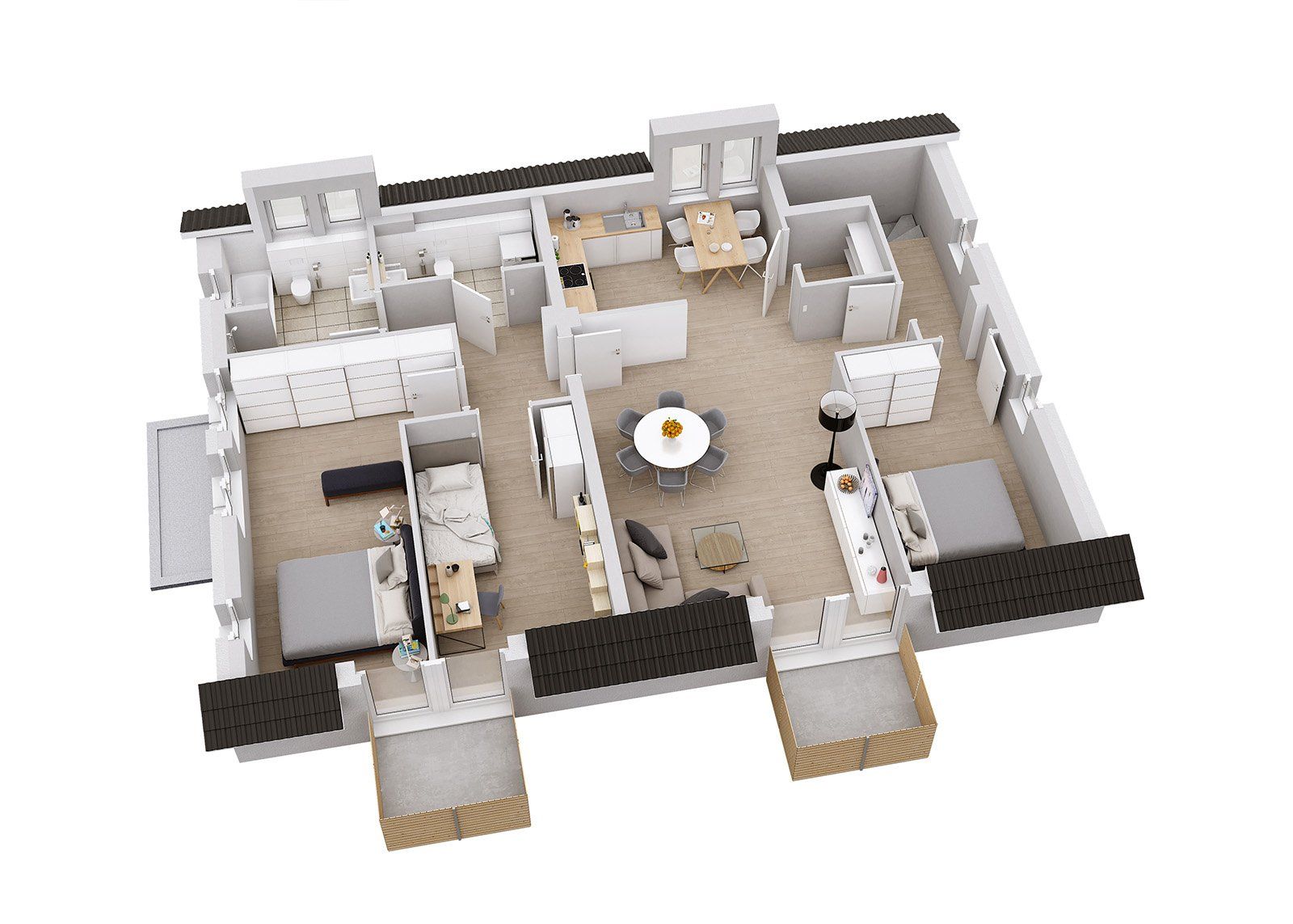 3D Grundriss einer Wohnung mit Dachgeschoss.