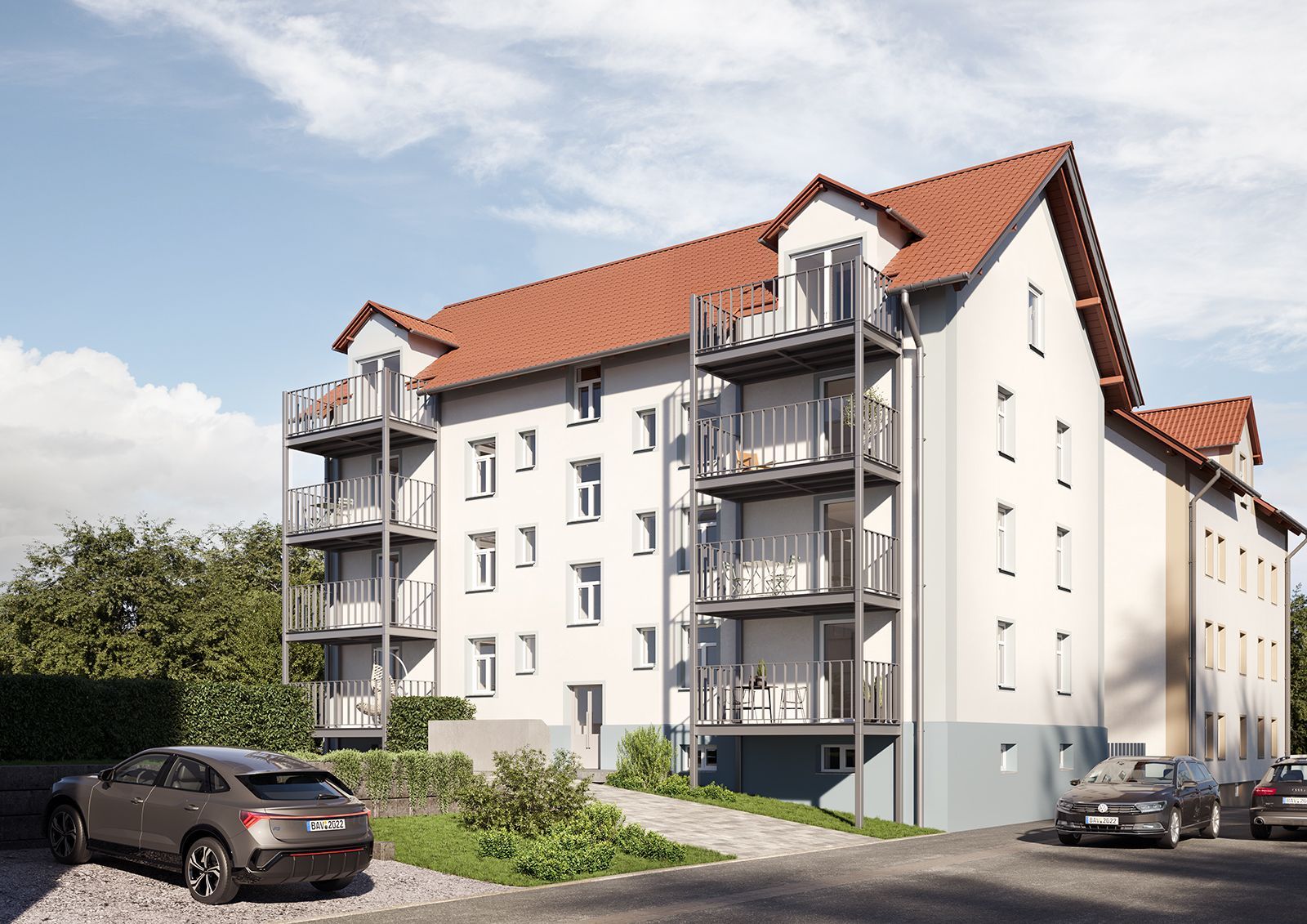 3D-Architektur-Visualisierung eines Mehrfamilienhaus nach der Sanierung mit vorgestellten Balkonen.