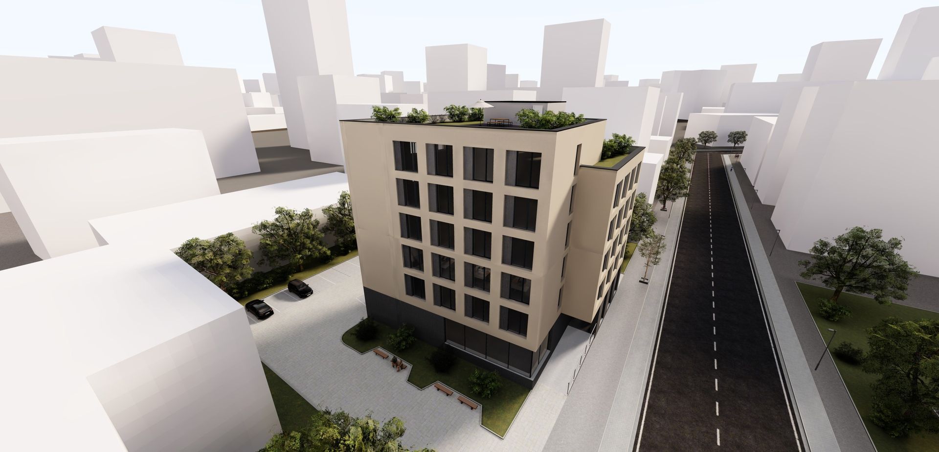 Virtueller Rundgang für das Bürogebäude mit Dachterrasse und Außenbereich.