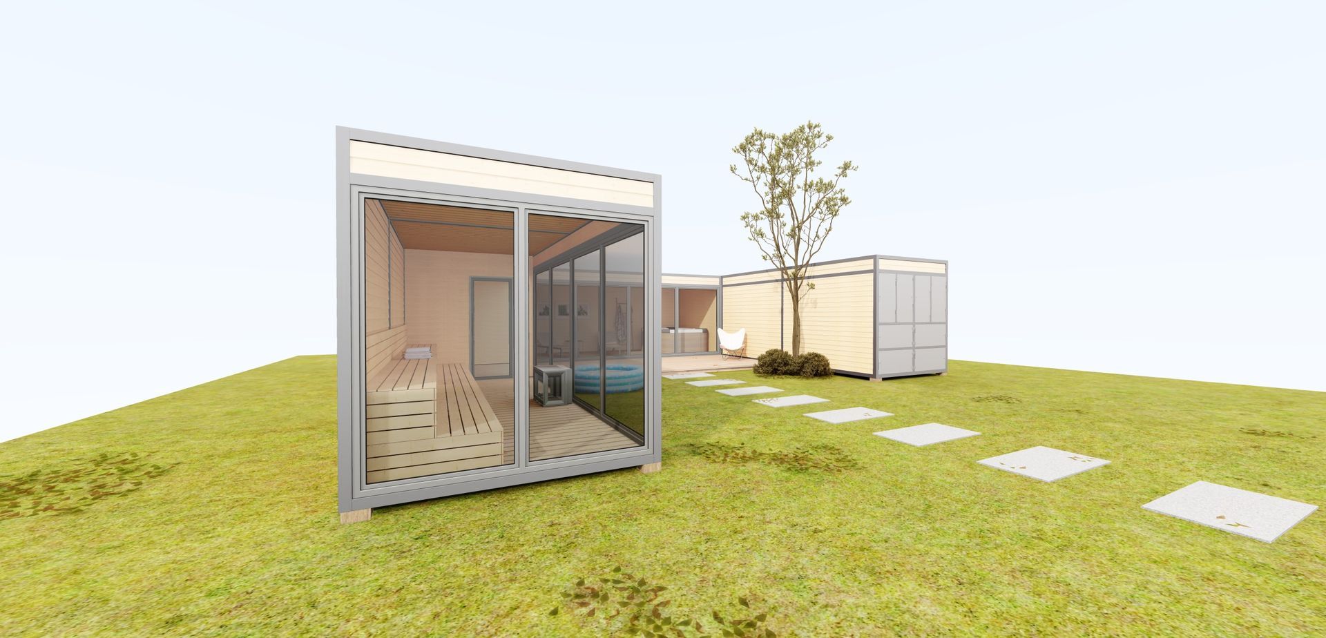 Virtueller Rundgang eines Tinyhouse im Garten.