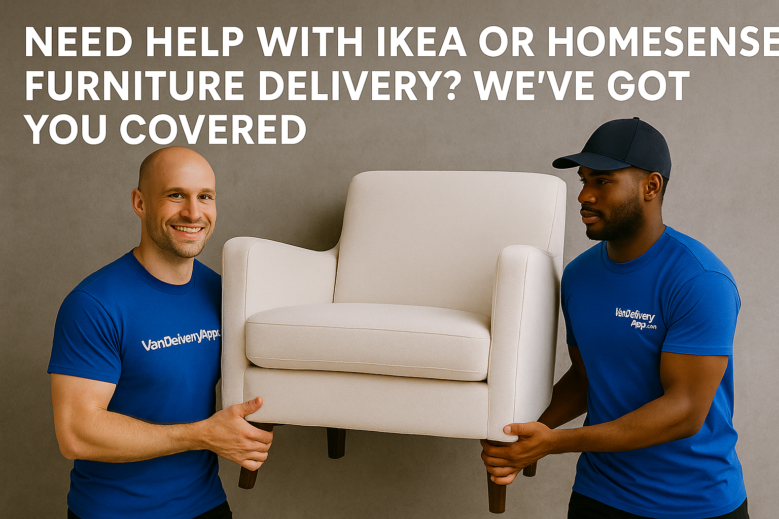 Two men in blue shirts carrying a white armchair; text says 