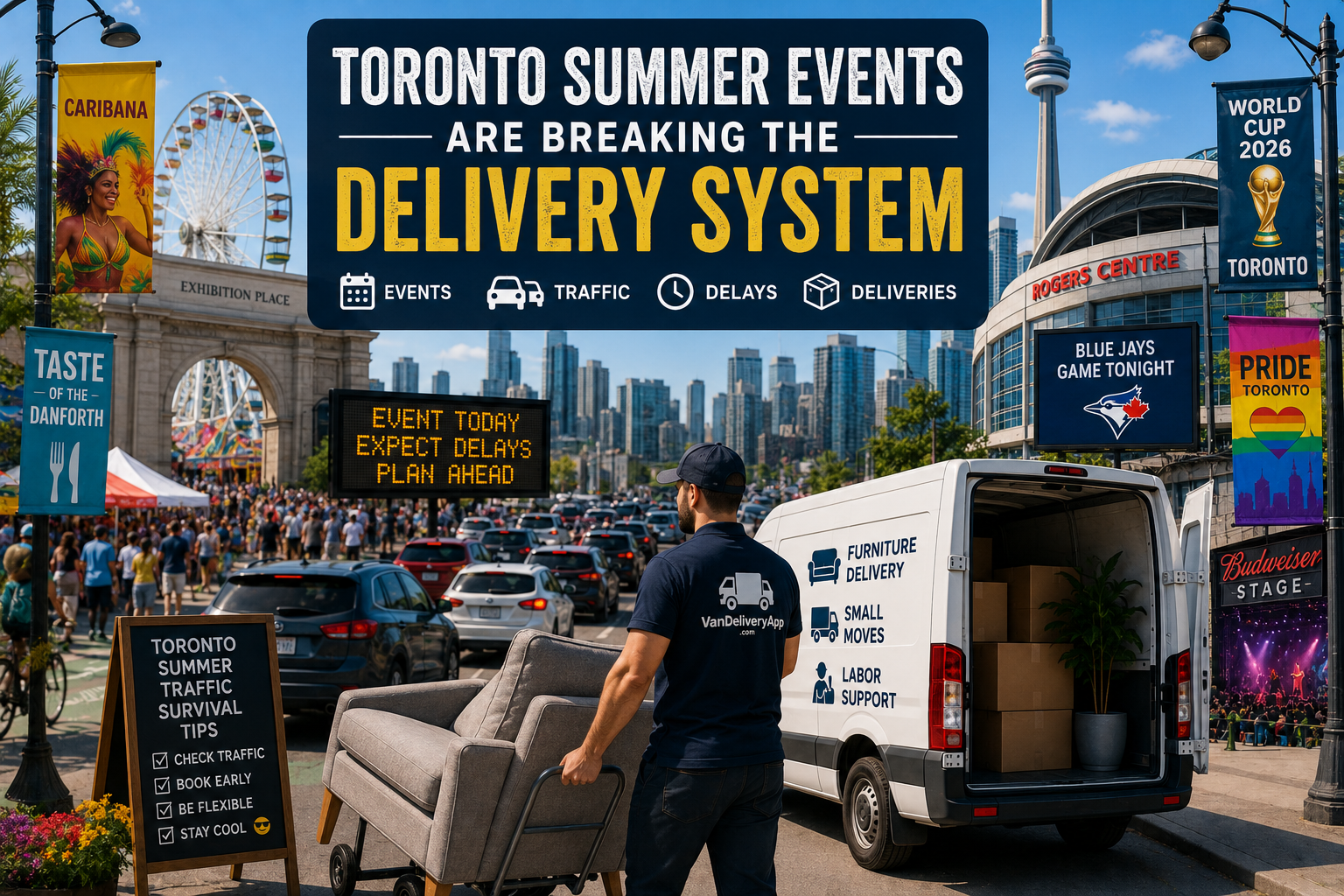 Toronto summer events ad over busy street with delivery van, carts, and neon signs